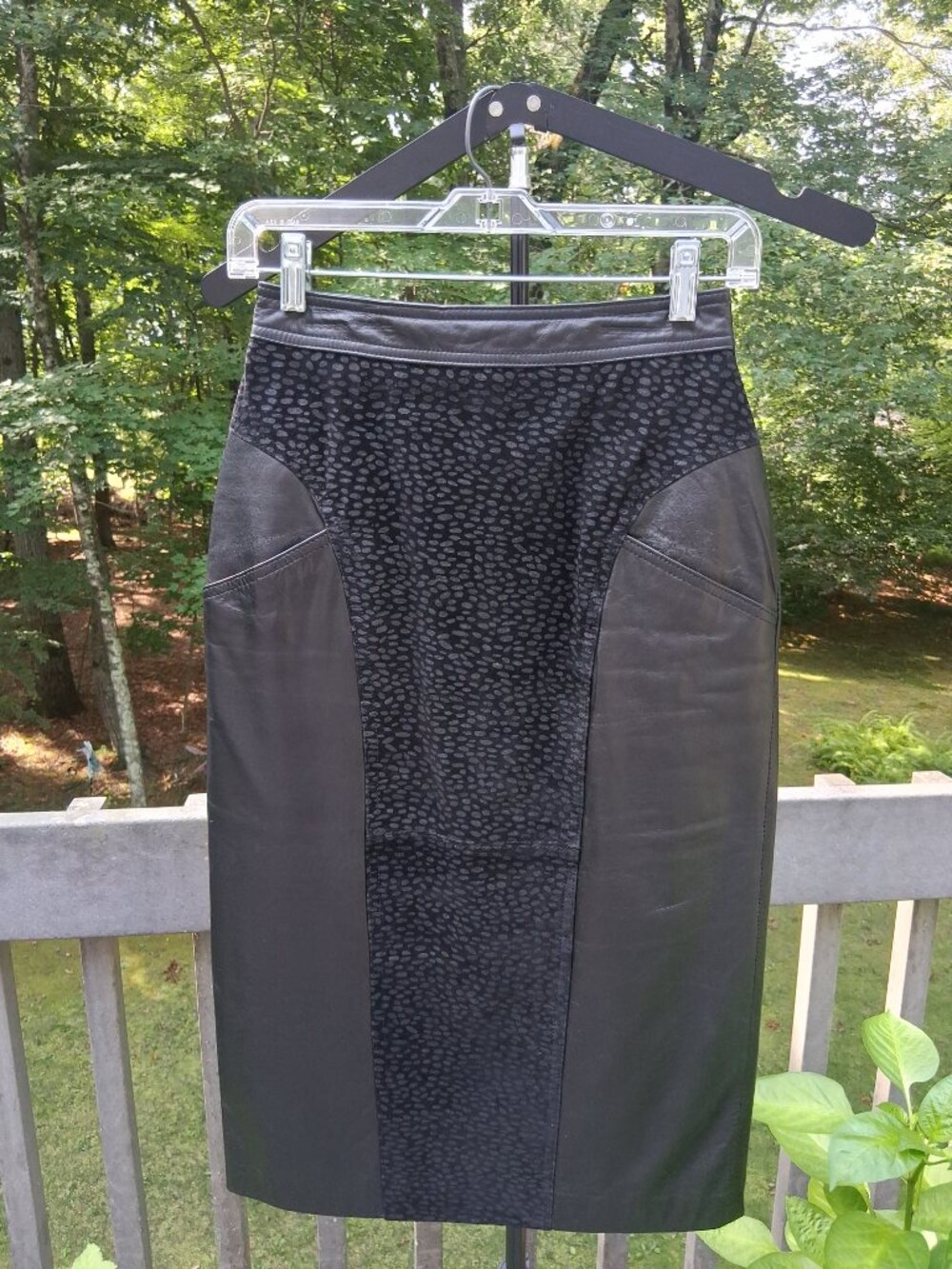 VTG BERMAN'S Black Leather Pencil Skirt Suede Animal Print Inset – Size 8